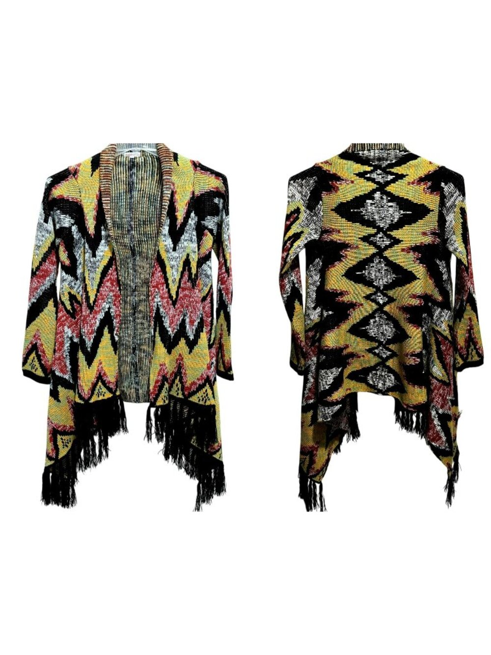 Gypsy Zigzag Chevron Artsy Sweater Cardigan Fringed Poncho Fall Winter Boho Sz M